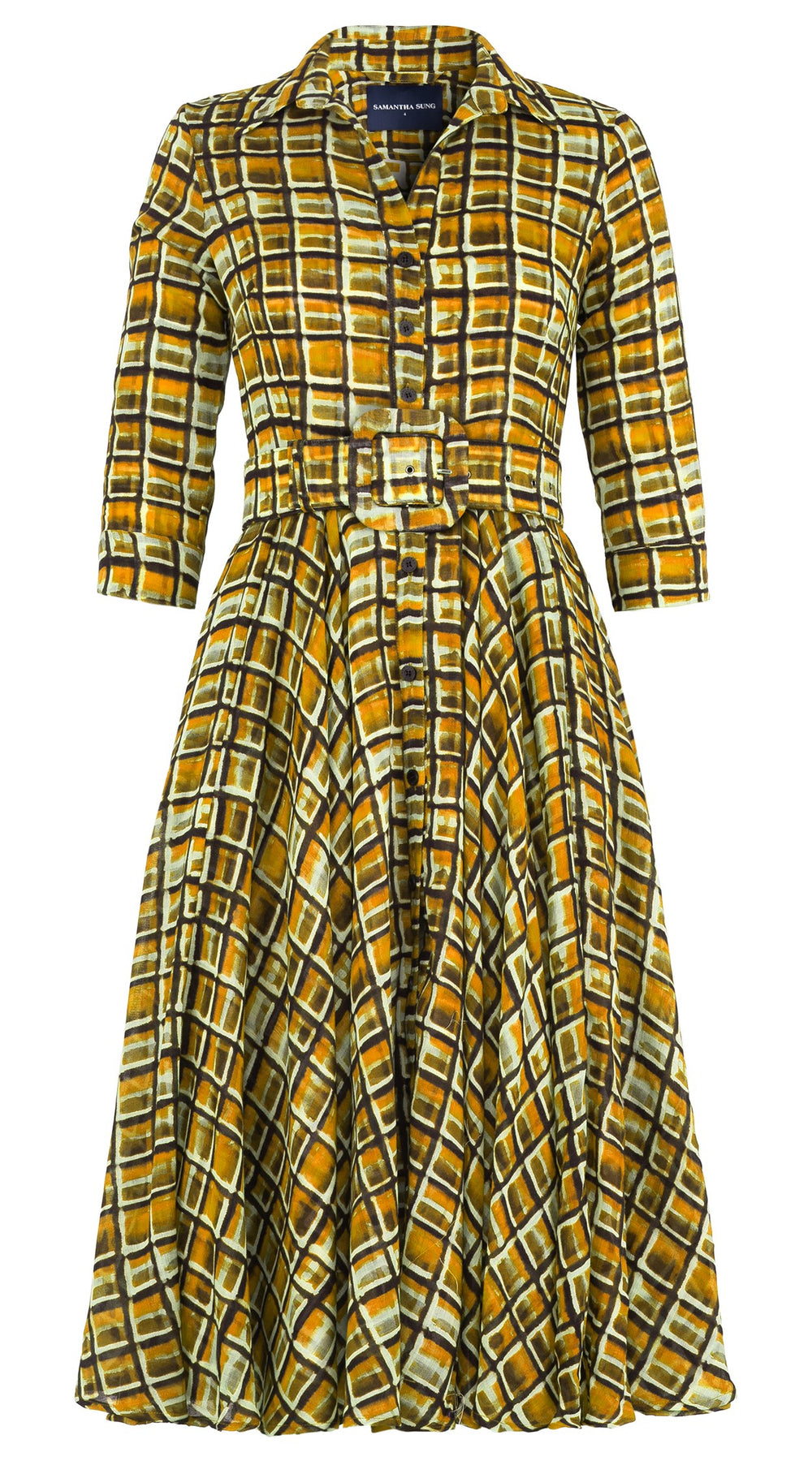 Aster Dress Shirt Collar 3/4 Sleeve Midi Length Wool Musola (Watercolor Check) - Yellow