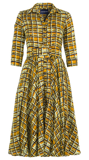 Aster Dress Shirt Collar 3/4 Sleeve Midi Length Wool Musola (Watercolor Check) - Yellow