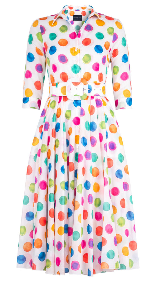 Aster Dress Shirt Collar 3/4 Sleeve Midi Length Cotton Musola (Watercolor Dots Small)