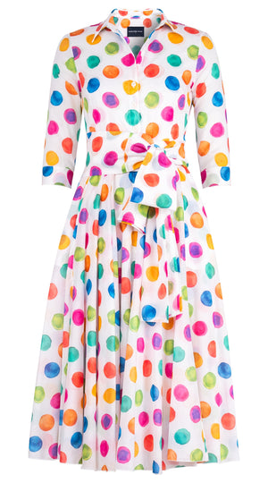 Aster Dress Shirt Collar 3/4 Sleeve Midi Length Cotton Musola (Watercolor Dots Small)