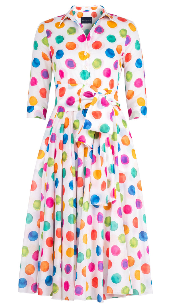 Aster Dress Shirt Collar 3/4 Sleeve Midi Length Cotton Musola (Watercolor Dots Small)