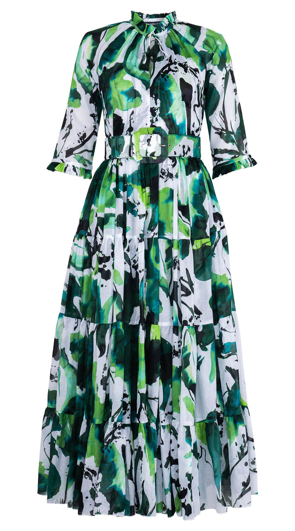 Eva Dress Crew Neck 3/4 Sleeve Maxi Length Cotton Musola (Watercolor Foliage White)