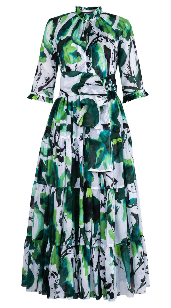 Eva Dress Crew Neck 3/4 Sleeve Maxi Length Cotton Musola (Watercolor Foliage White)