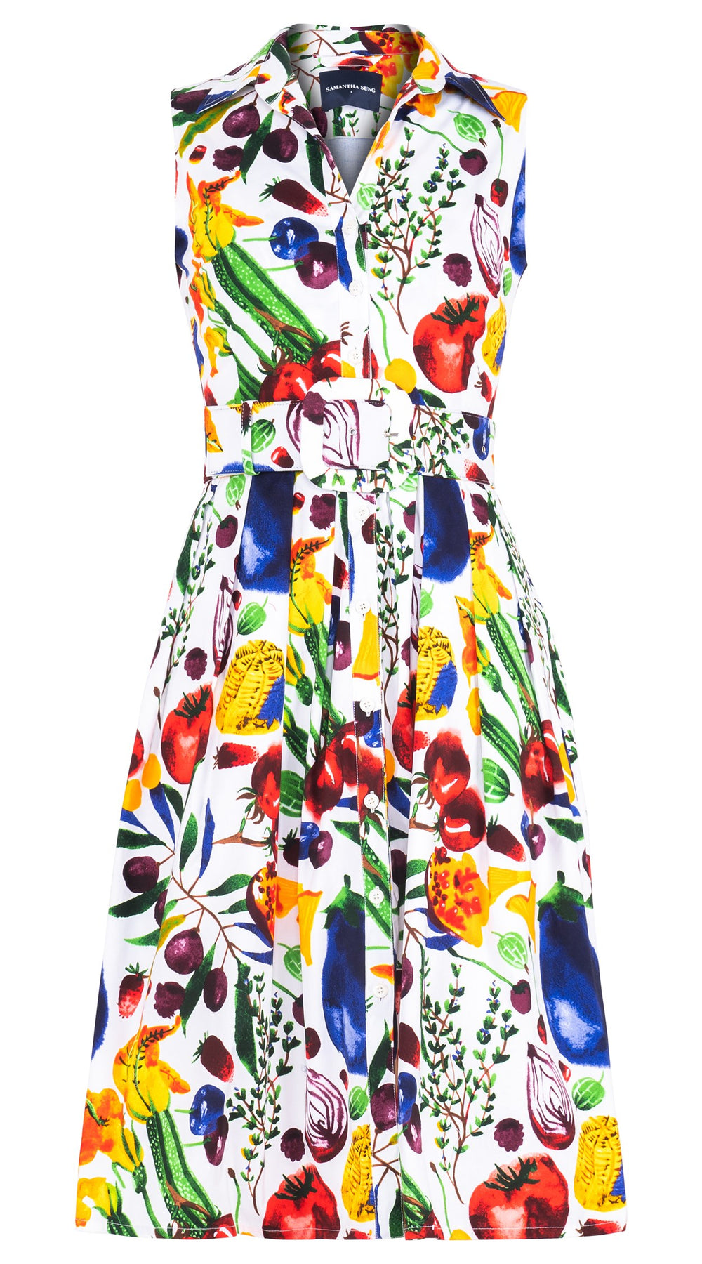 Audrey Dress #1 Shirt Collar Sleeveless Long Length Cotton Stretch (Watercolor Fruits)