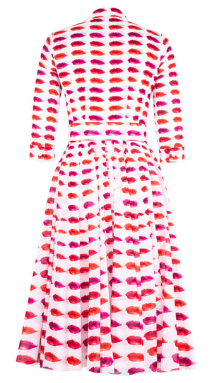 Aster Dress Shirt Collar 3/4 Sleeve Midi Length Musola (Watercolor Lips)