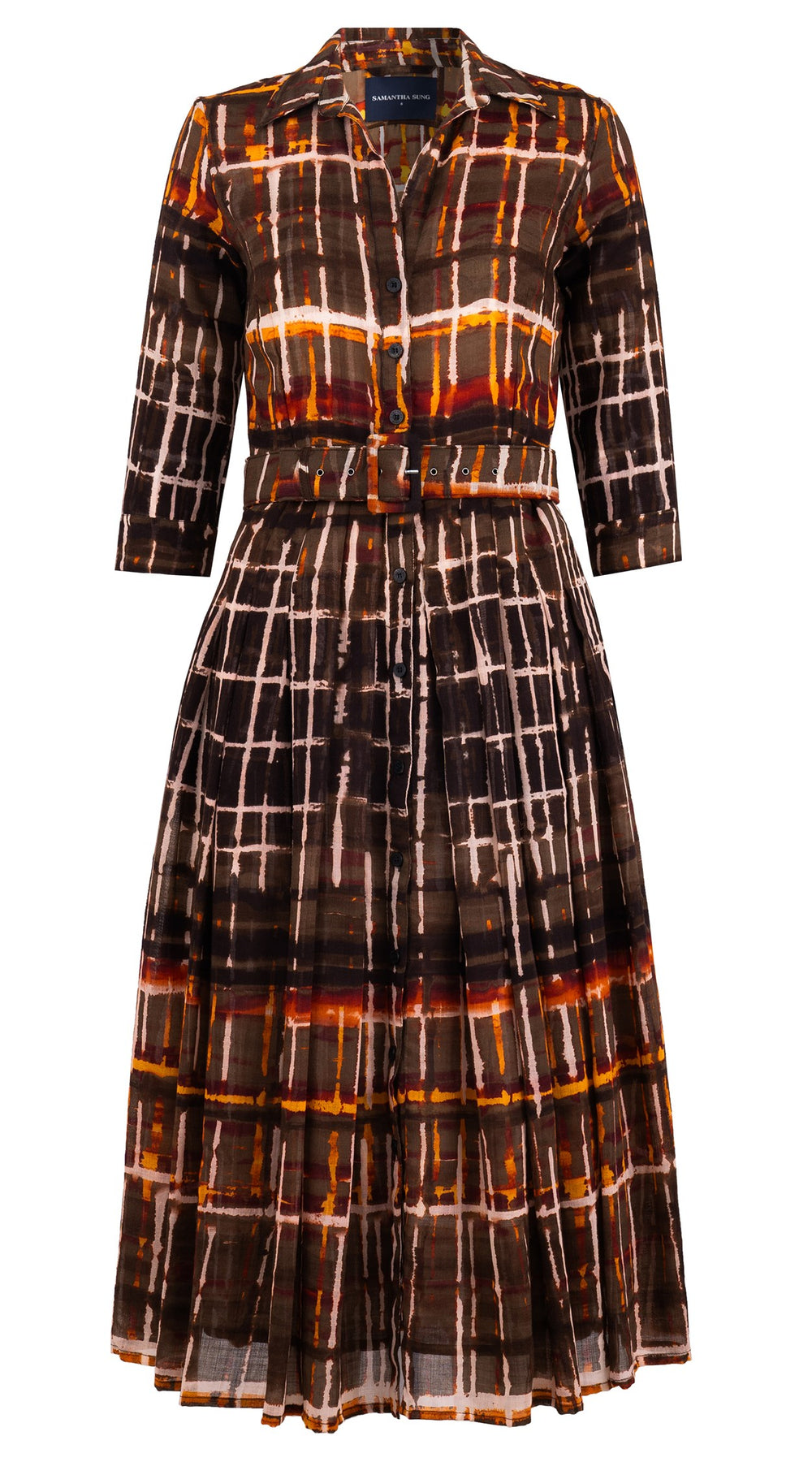 Audrey Dress #4 Shirt Collar 3/4 Sleeve Midi Length Wool Musola (Watercolor Plaid Big) - Camel
