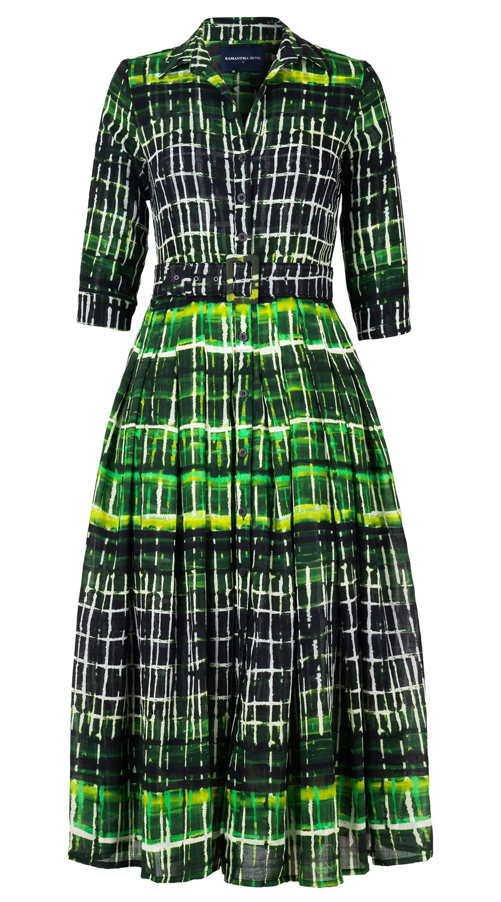Audrey Dress #4 Shirt Collar 3/4 Sleeve Midi Length Wool Musola (Watercolor Plaid Small) - Green
