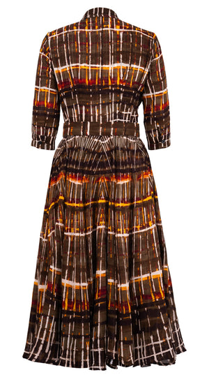 Aster Dress Shirt Collar 3/4 Sleeve Midi Plus Length Wool (Watercolor Plaid) - Camel