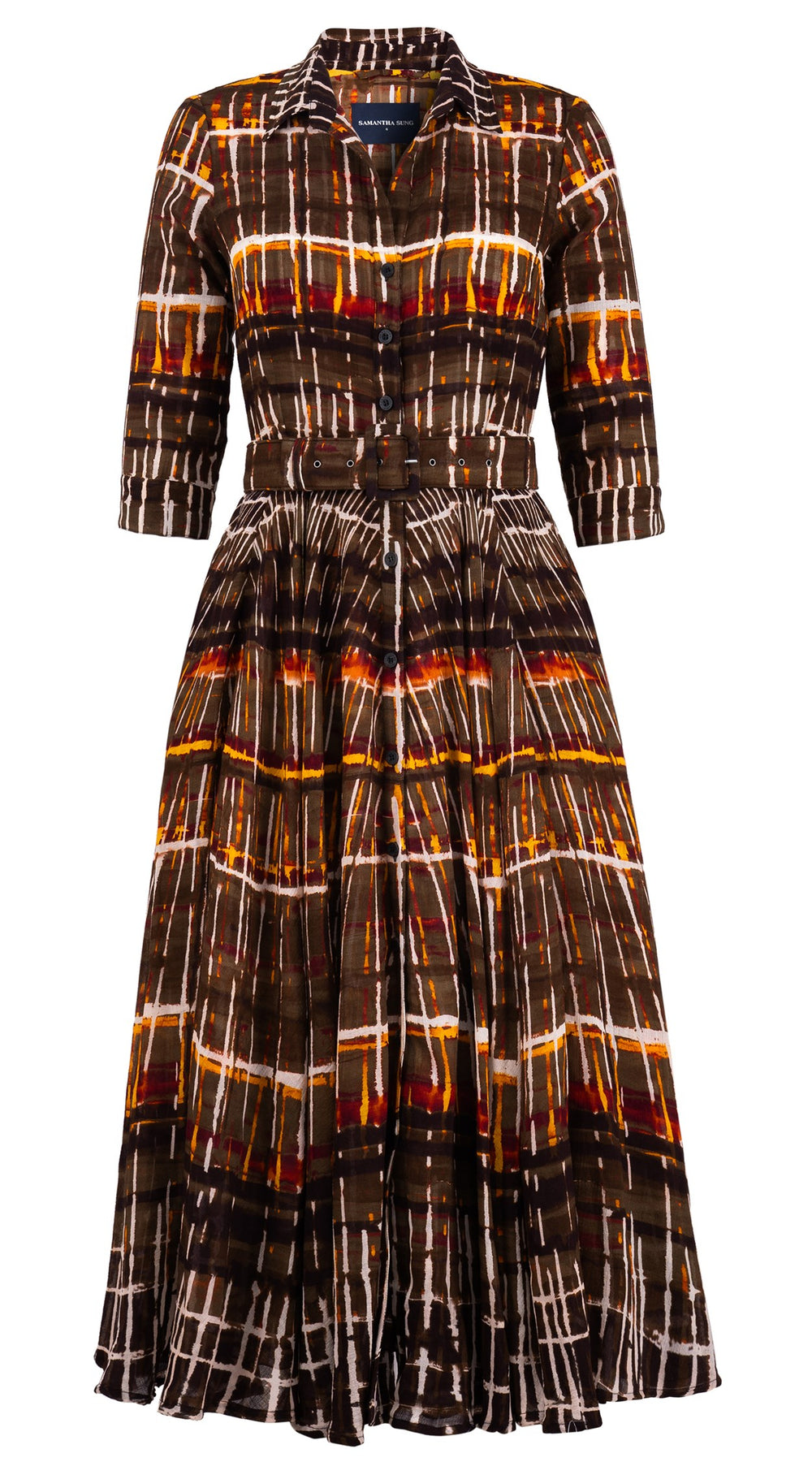 Aster Dress Shirt Collar 3/4 Sleeve Midi Plus Length Wool Musola (Watercolor Plaid) - Camel