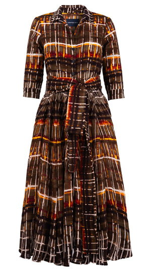 Aster Dress Shirt Collar 3/4 Sleeve Midi Plus Length Wool (Watercolor Plaid) - Camel