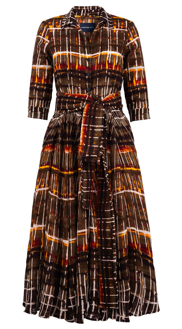 Aster Dress Shirt Collar 3/4 Sleeve Midi Plus Length Wool (Watercolor Plaid) - Camel