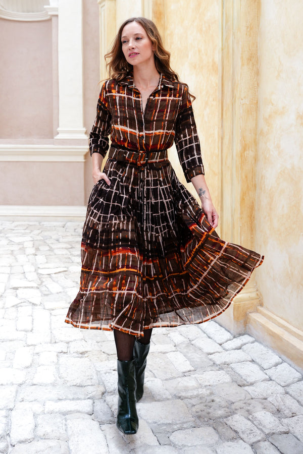 Audrey Dress #4 Shirt Collar 3/4 Sleeve Midi Length Wool (Watercolor Plaid Big) - Camel