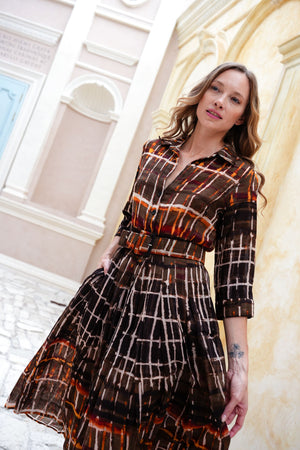 Audrey Dress #4 Shirt Collar 3/4 Sleeve Midi Length Wool (Watercolor Plaid Big) - Camel