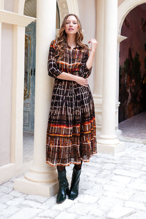 Audrey Dress #4 Shirt Collar 3/4 Sleeve Midi Length Wool (Watercolor Plaid Big) - Camel