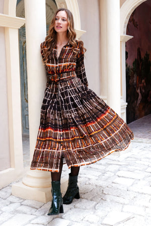 Audrey Dress #4 Shirt Collar 3/4 Sleeve Midi Length Wool (Watercolor Plaid Big) - Camel