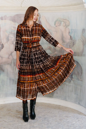 Audrey Dress #4 Shirt Collar 3/4 Sleeve Midi Length Wool (Watercolor Plaid Big) - Camel