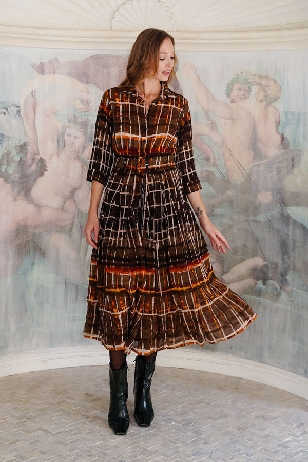 Audrey Dress #4 Shirt Collar 3/4 Sleeve Midi Length Wool (Watercolor Plaid Big) - Camel