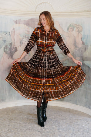 Audrey Dress #4 Shirt Collar 3/4 Sleeve Midi Length Wool (Watercolor Plaid Big) - Camel