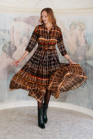 Audrey Dress #4 Shirt Collar 3/4 Sleeve Midi Length Wool (Watercolor Plaid Big) - Camel