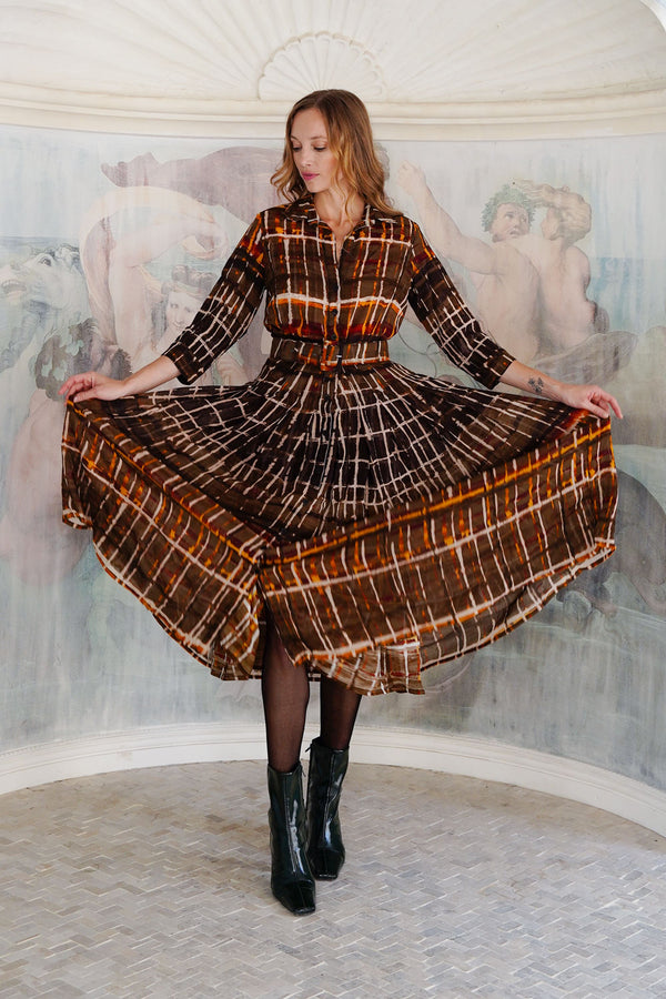 Audrey Dress #4 Shirt Collar 3/4 Sleeve Midi Length Wool (Watercolor Plaid Big) - Camel