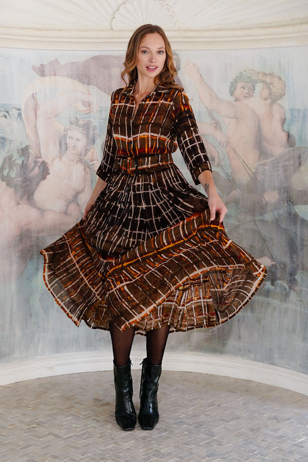 Audrey Dress #4 Shirt Collar 3/4 Sleeve Midi Length Wool (Watercolor Plaid Big) - Camel