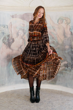 Audrey Dress #4 Shirt Collar 3/4 Sleeve Midi Length Wool (Watercolor Plaid Big) - Camel