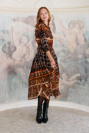 Audrey Dress #4 Shirt Collar 3/4 Sleeve Midi Length Wool (Watercolor Plaid Big) - Camel