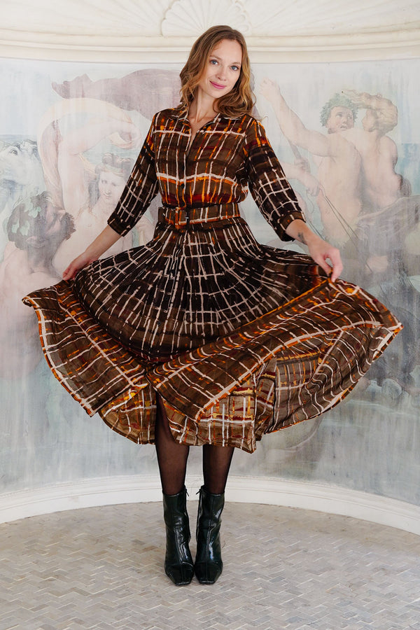 Audrey Dress #4 Shirt Collar 3/4 Sleeve Midi Length Wool (Watercolor Plaid Big) - Camel