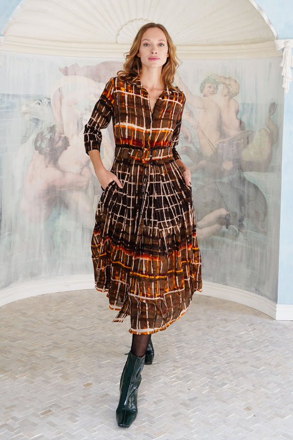 Audrey Dress #4 Shirt Collar 3/4 Sleeve Midi Length Wool (Watercolor Plaid Big) - Camel