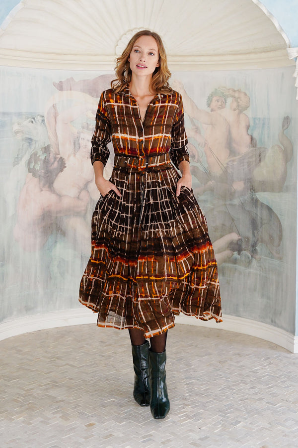 Audrey Dress #4 Shirt Collar 3/4 Sleeve Midi Length Wool (Watercolor Plaid Big) - Camel