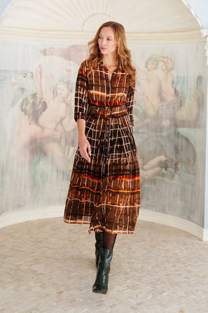 Audrey Dress #4 Shirt Collar 3/4 Sleeve Midi Length Wool (Watercolor Plaid Big) - Camel