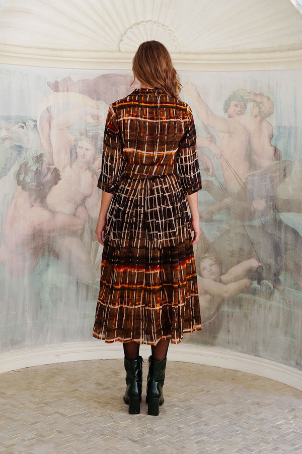 Audrey Dress #4 Shirt Collar 3/4 Sleeve Midi Length Wool (Watercolor Plaid Big) - Camel