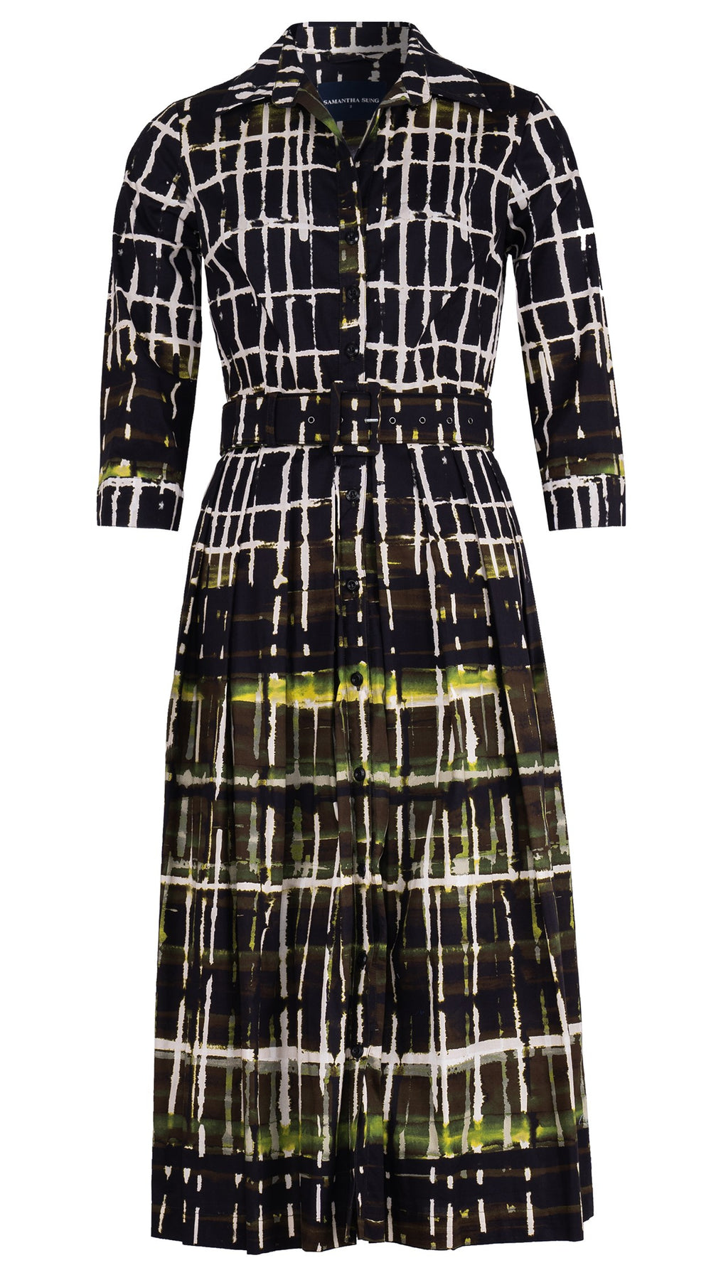 Audrey Dress #1 Shirt Collar 3/4 Sleeve Midi Length Cotton Stretch (Watercolor Plaid)