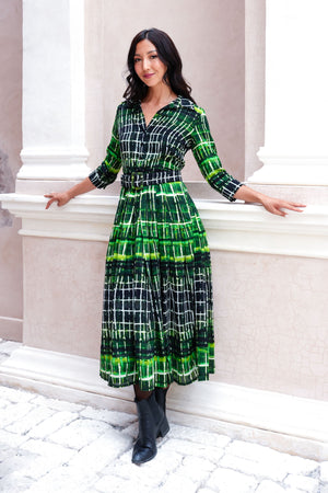 Audrey Dress #4 Shirt Collar 3/4 Sleeve Midi Length Wool (Watercolor Plaid Big) - Green