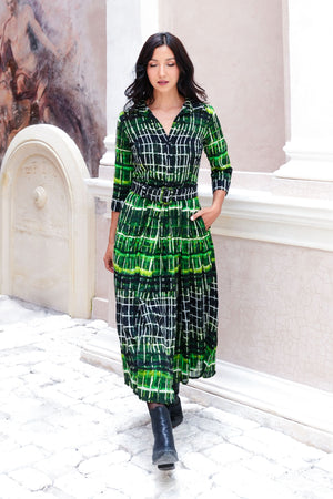 Audrey Dress #4 Shirt Collar 3/4 Sleeve Midi Length Wool (Watercolor Plaid Big) - Green