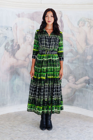 Audrey Dress #4 Shirt Collar 3/4 Sleeve Midi Length Wool (Watercolor Plaid Big) - Green