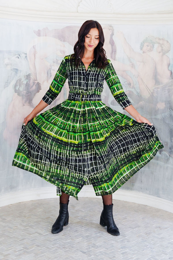 Audrey Dress #4 Shirt Collar 3/4 Sleeve Midi Length Wool (Watercolor Plaid Big) - Green