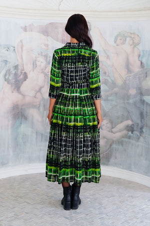 Audrey Dress #4 Shirt Collar 3/4 Sleeve Midi Length Wool (Watercolor Plaid Big) - Green