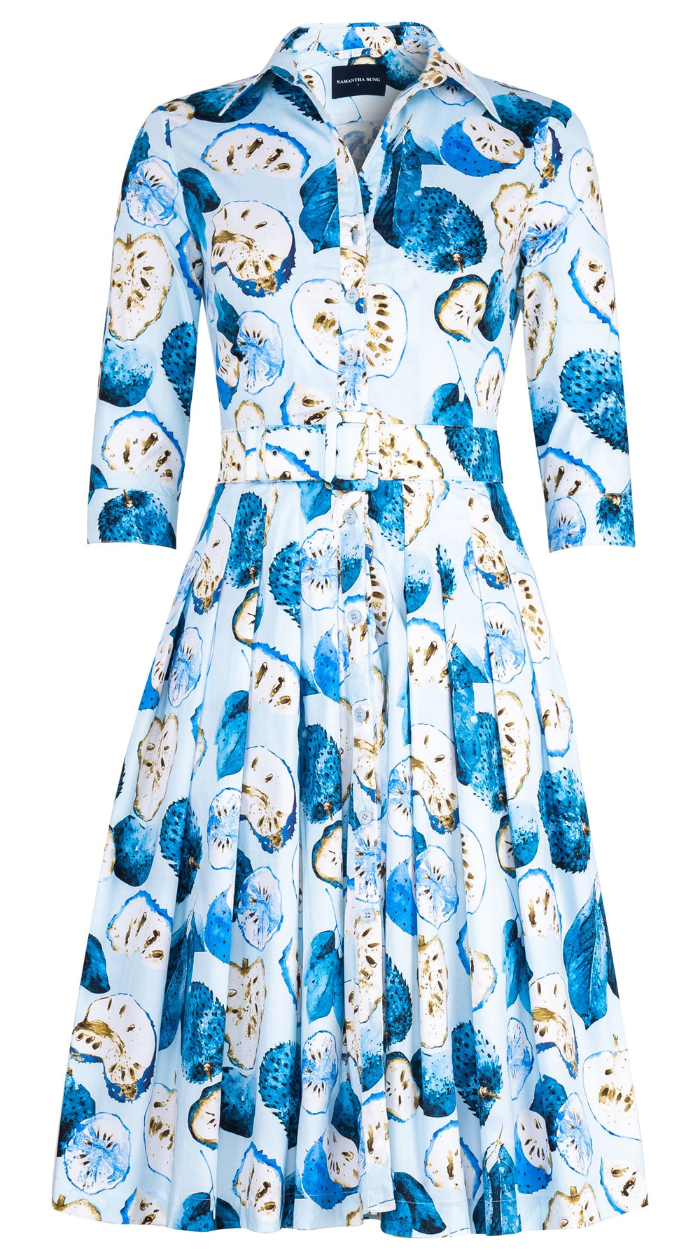 Audrey Dress #2 Shirt Collar 3/4 Sleeve Long Length Cotton Stretch (Watercolor Soursop Pastel)