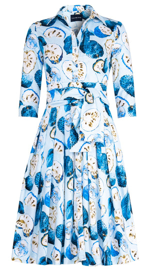Audrey Dress #2 Shirt Collar 3/4 Sleeve Long Length Cotton Stretch (Watercolor Soursop Pastel)