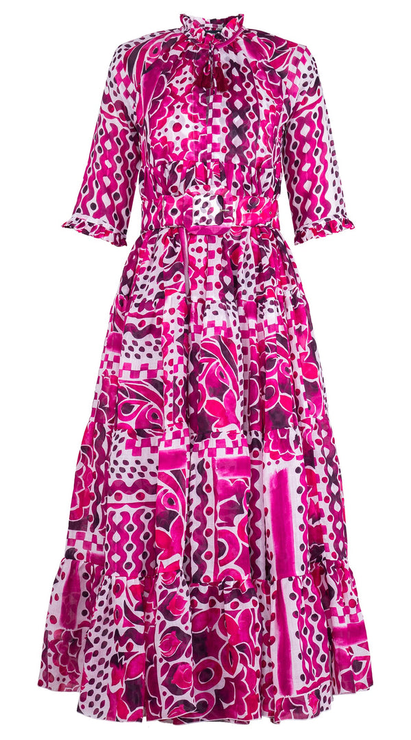 Eden Dress Crew Neck 3/4 Sleeve Maxi Length Cotton Musola (Watercolor Tile Mono)