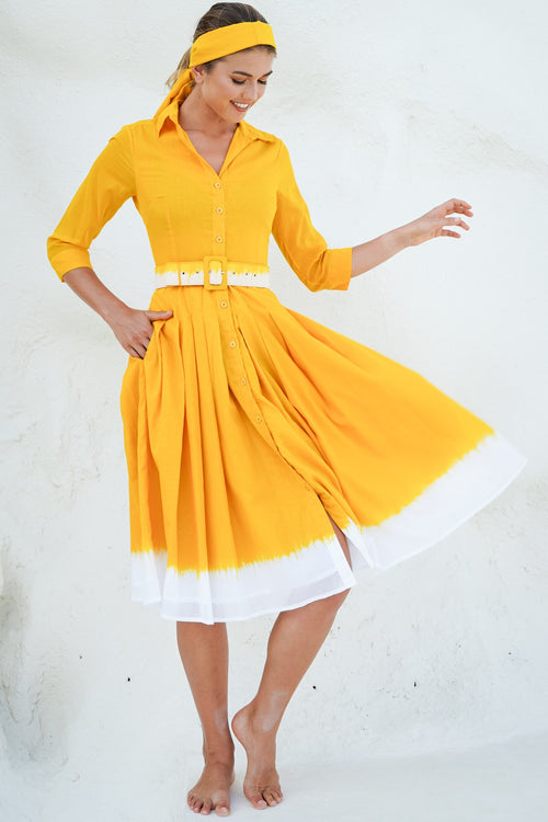 Audrey Dress #4 Shirt Collar 3/4 Sleeve Long Length Cotton Musola (White Border Tie Dye)