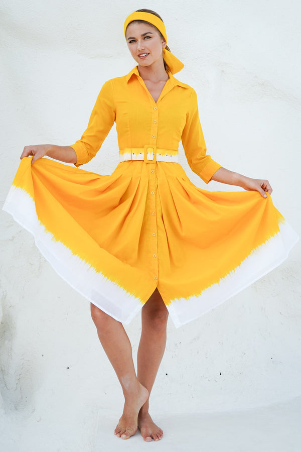Audrey Dress #4 Shirt Collar 3/4 Sleeve Long Length Cotton Musola (White Border Tie Dye)