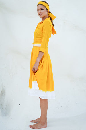 Audrey Dress #4 Shirt Collar 3/4 Sleeve Long Length Cotton Musola (White Border Tie Dye)