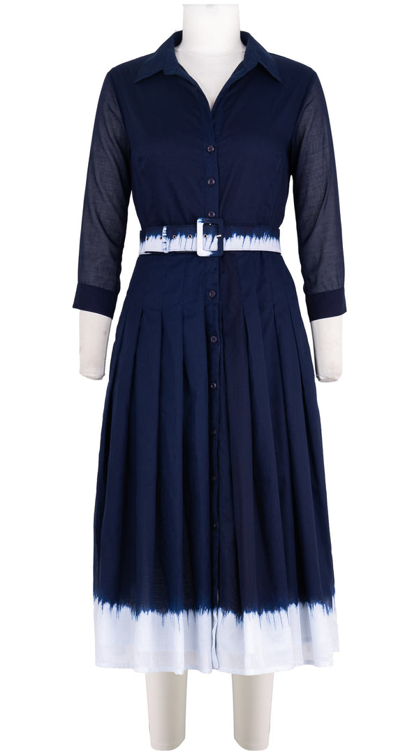 Audrey Dress #4 Shirt Collar 3/4 Sleeve Long Length Cotton Musola (White Border Tie Dye)