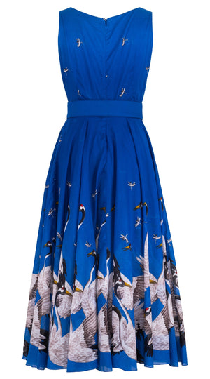Aster Dress Boat Neck Mini cap Sleeve Midi Plus Length Cotton Musola (White Crane Ombre)