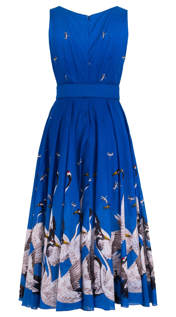 Aster Dress Boat Neck Mini cap Sleeve Midi Plus Length Cotton Musola (White Crane Ombre)