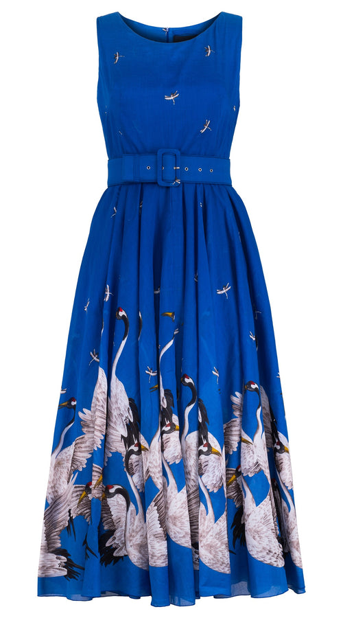 Aster Dress Boat Neck Mini cap Sleeve Midi Plus Length Cotton Musola (White Crane Ombre)