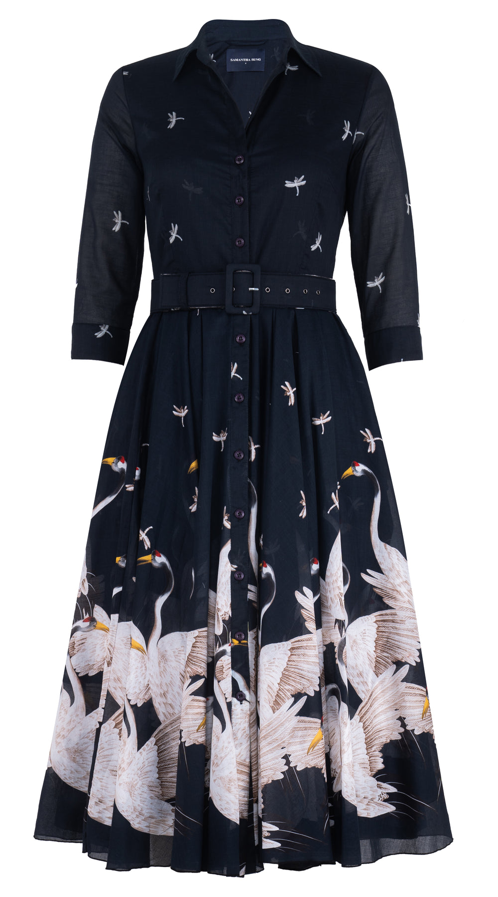 Aster Dress Shirt Collar 3/4 Sleeve Midi Length Musola (White Crane Ombre) @2