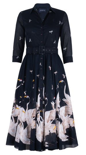 Aster Dress Shirt Collar 3/4 Sleeve Midi Length Musola (White Crane Ombre) @2